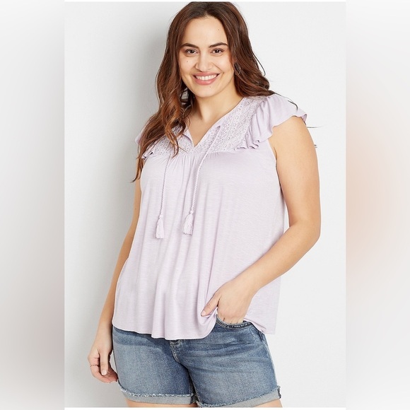 Maurice’s Plus Size 1X Lavender Lace Yoke Tassel Top Flutter Sleeve Purple Basic - Picture 1 of 7